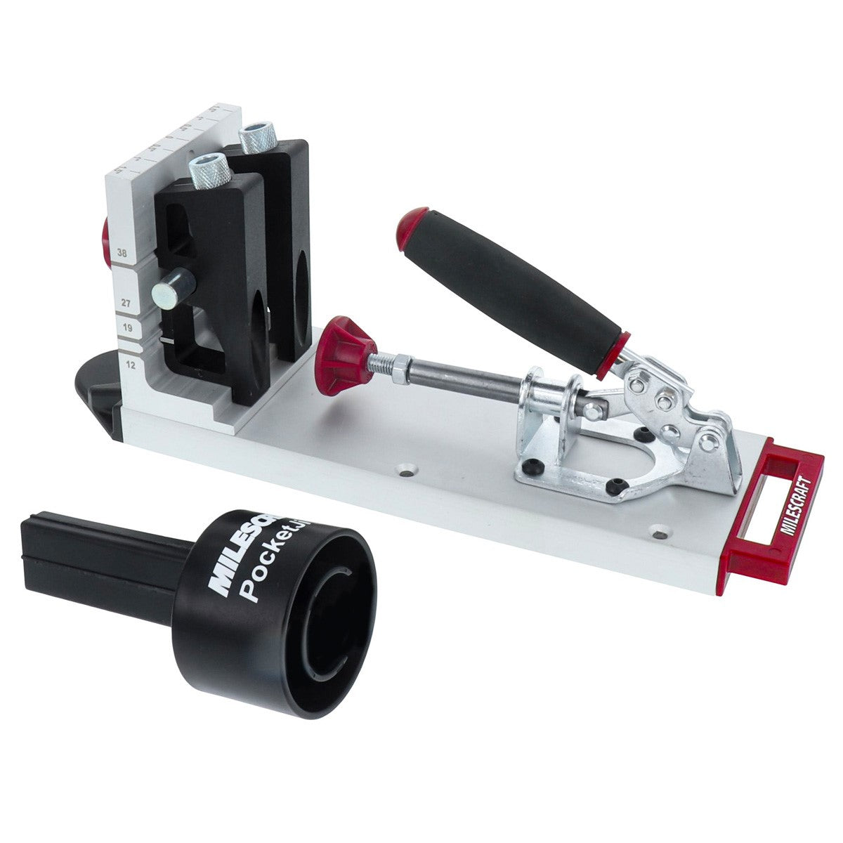Milescraft Pocket Hole Jig 400: Adjustable heavy-duty joinery system in use on wood plank