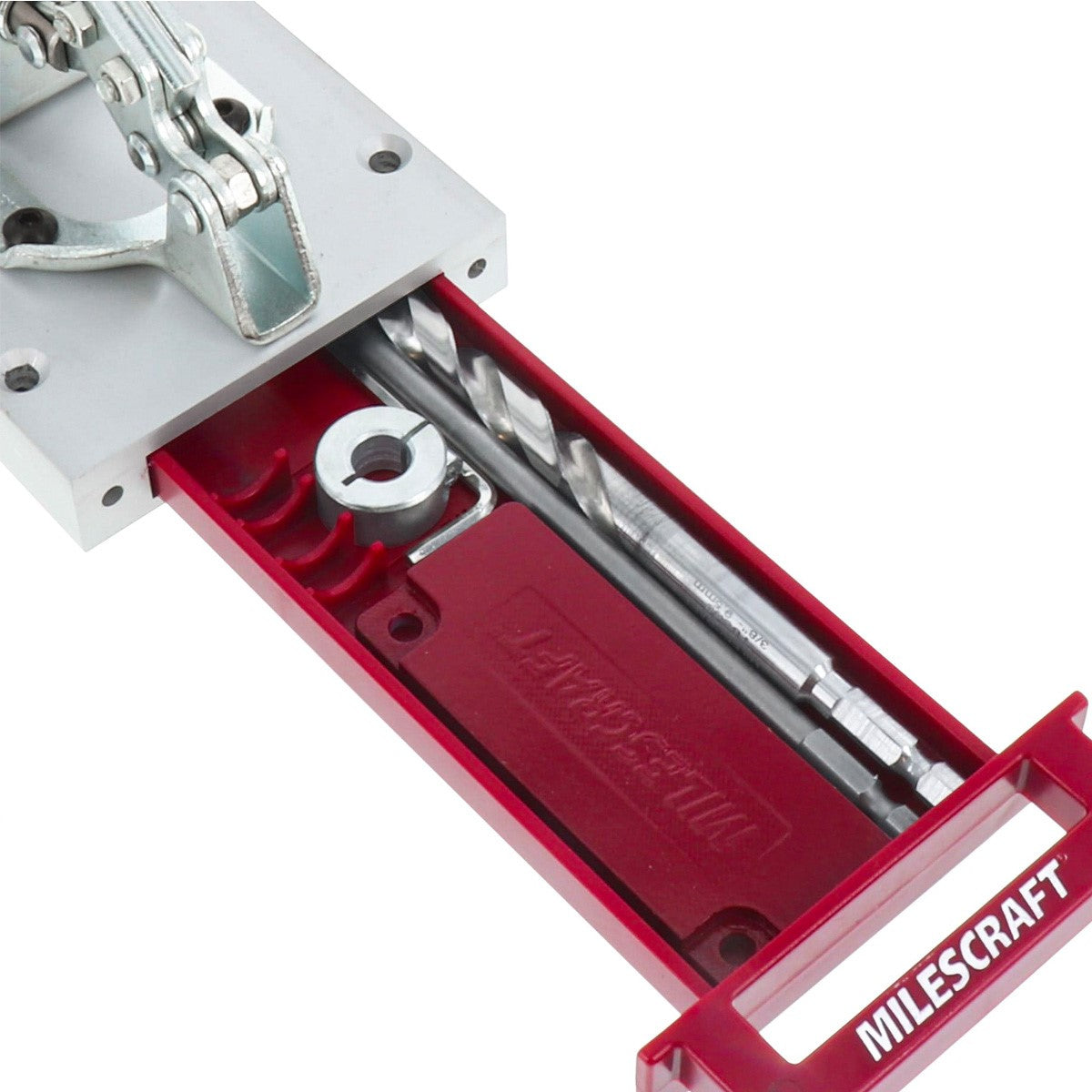 Milescraft Pocket Hole Jig 400 in use, demonstrating precise pocket hole drilling technique