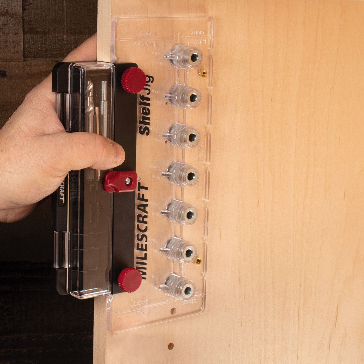 Milescraft ShelfJig for precise shelf pin hole positioning, ideal for custom cabinet shelving projects