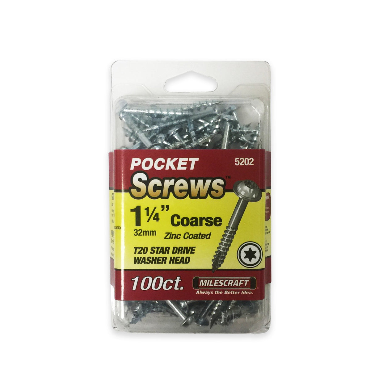 Milescraft 31mm Coarse Thread Pocket Hole Screws - Pack of 1000, T20 Star self-tapping screws with zinc coating and washer head