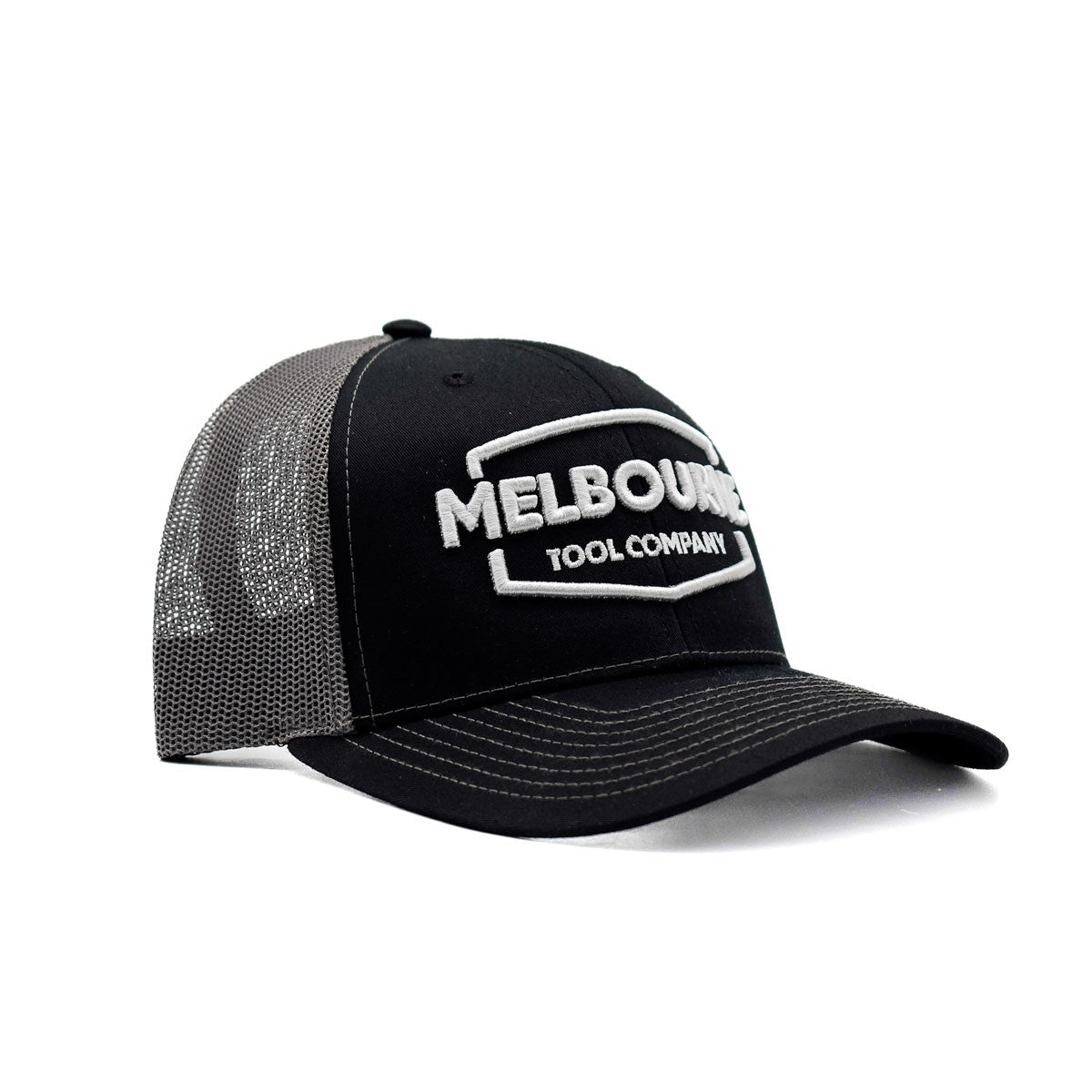 Melbourne Tool Company black & charcoal trucker cap embroidered with white logo
