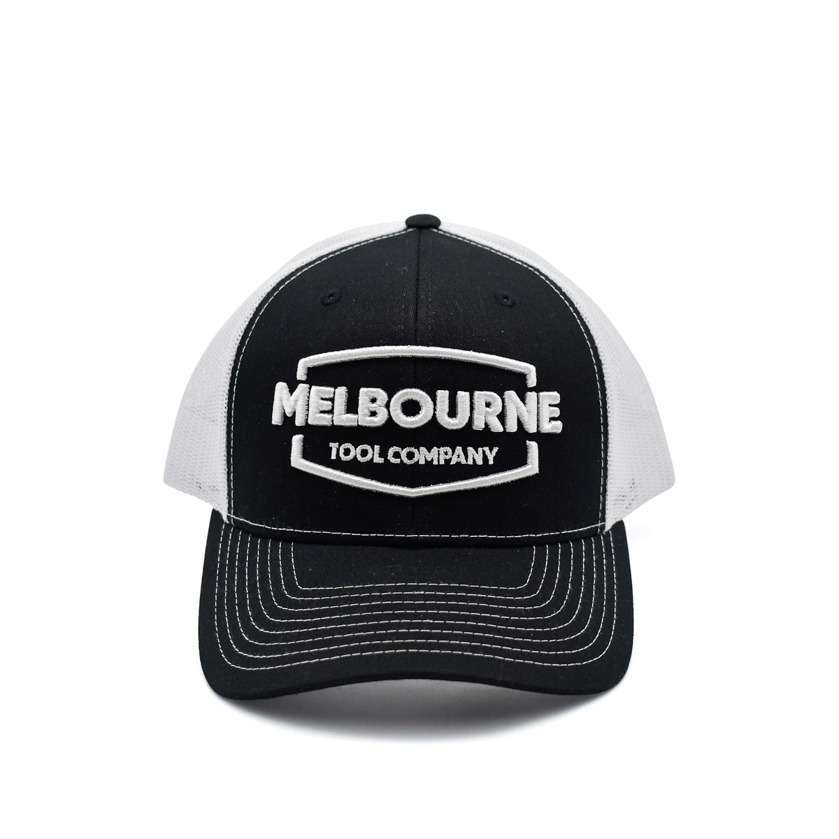 Melbourne Tool Company Trucker Cap Black & White embroidered logo close-up