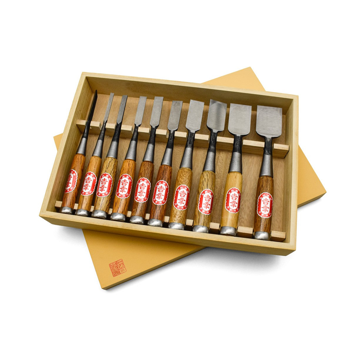 Fujikawa Japanese Chisels Set of Ten Oire Nomi Yellow Paper Steel on white background with wooden handles