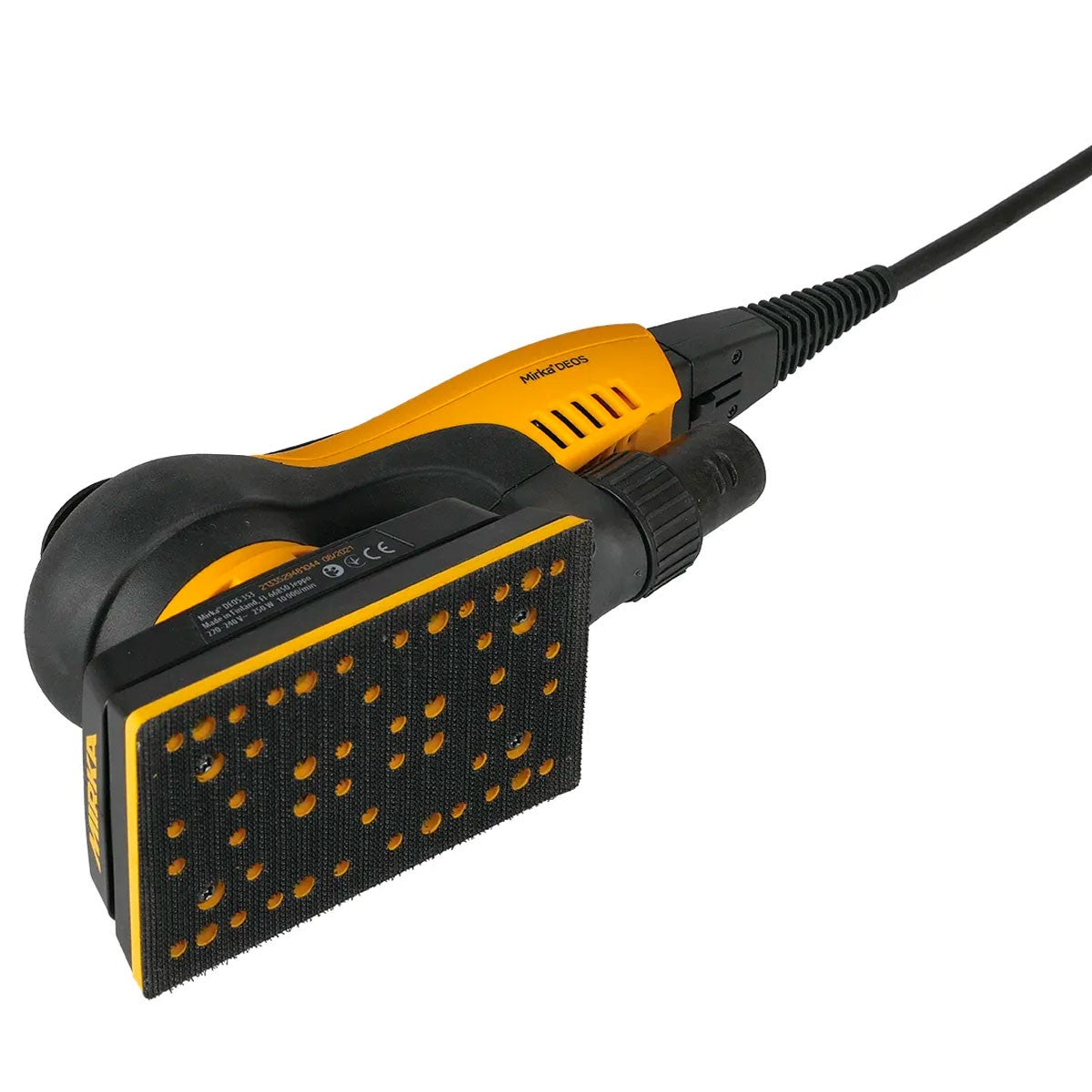 Mirka DEOS Rectangular Orbital Sander 81x133mm - Close-up view of the sanding pad on woodworking tool