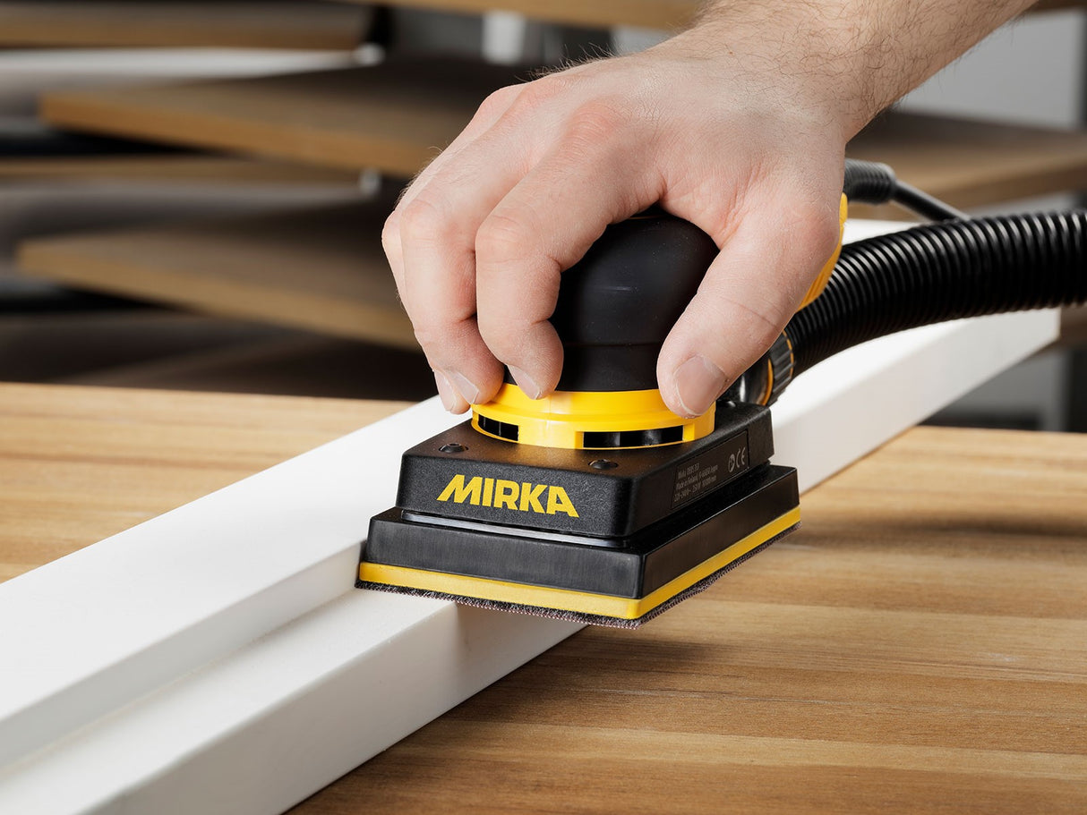 Mirka Orbital Sander DEOS Rectangular - 81 x 133mm - 3.0mm Orbit 353CV in action, providing efficient sanding for woodworking projects
