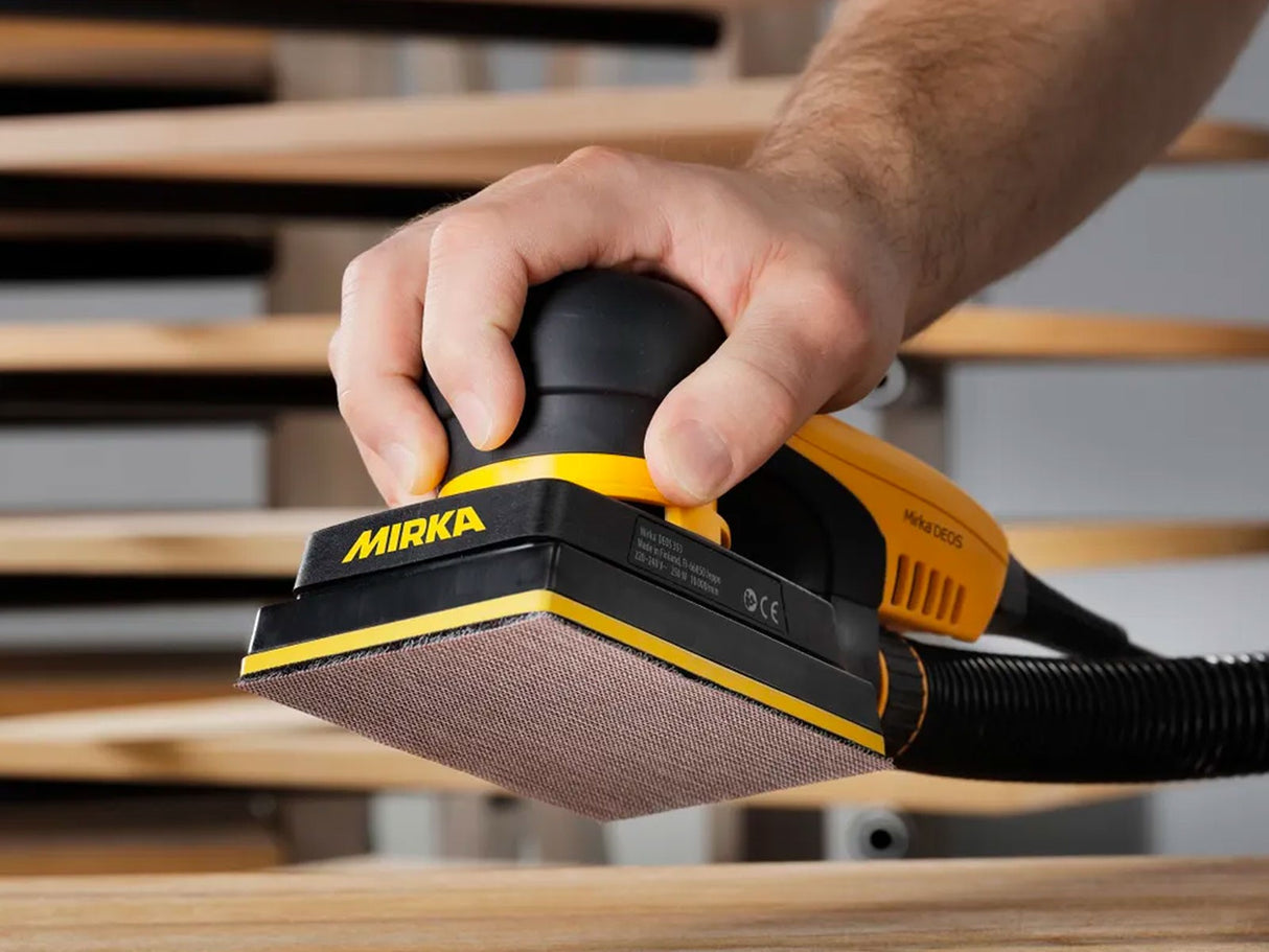 Mirka DEOS Rectangular Orbital Sander 70x198mm 3.0mm Orbit 383CV - Close-up detail of sanding pad and motor