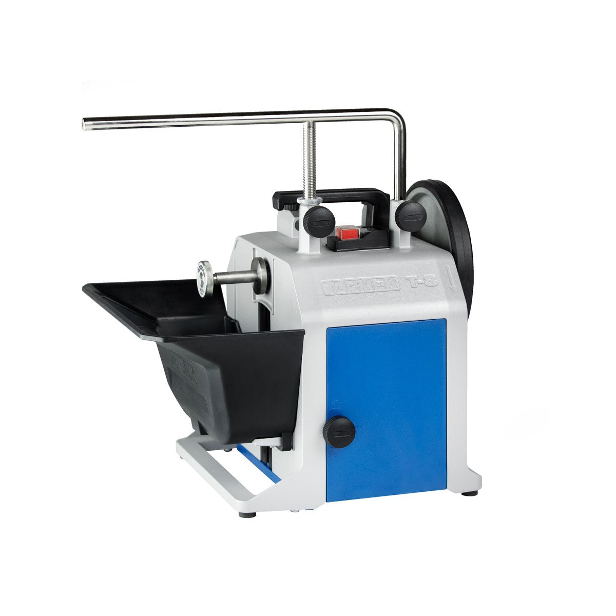 Customisable Tormek T-8 Wet Stone Grinder for Knife and Tool Sharpening - Side view showing precision of sharpening process