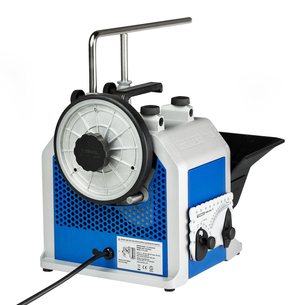 Tormek T-8 Wet Stone Grinder: Close-up view of the 250mm grinding wheel in action, sharpening woodworking tools with precision