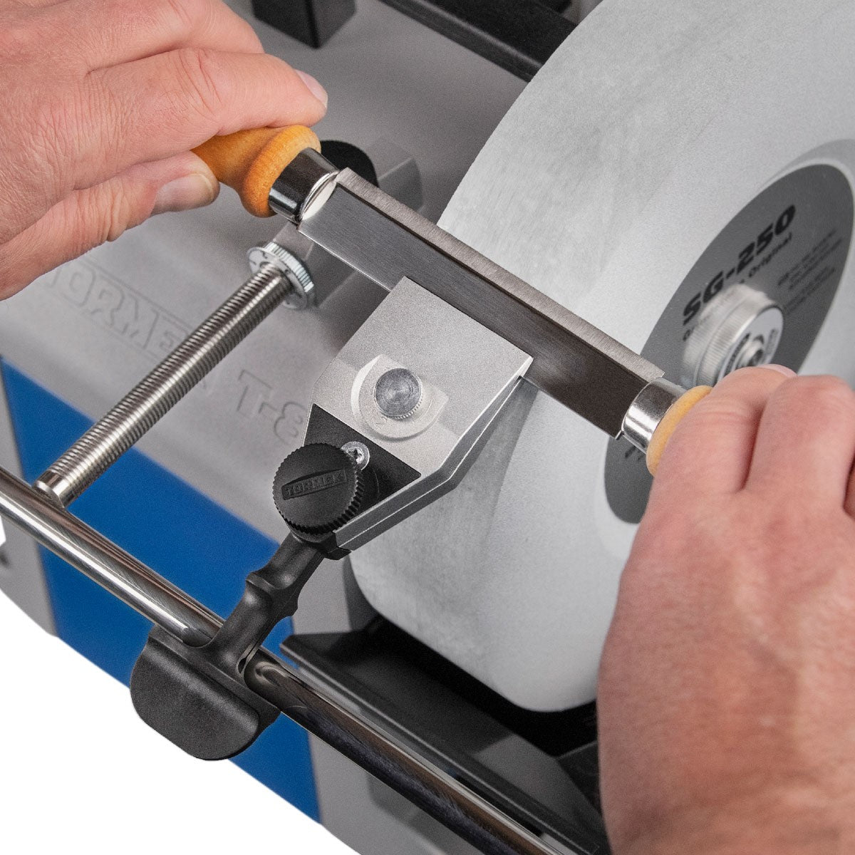 Tormek Wetstone Grinder Standard Centering Knife Jig in action, providing precise sharpening results