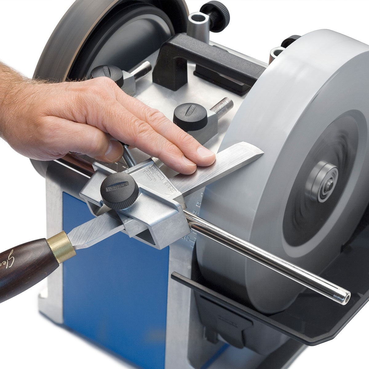 Tormek Wetstone Grinder Multi Turning Tool Jig in use, producing sharp results quickly