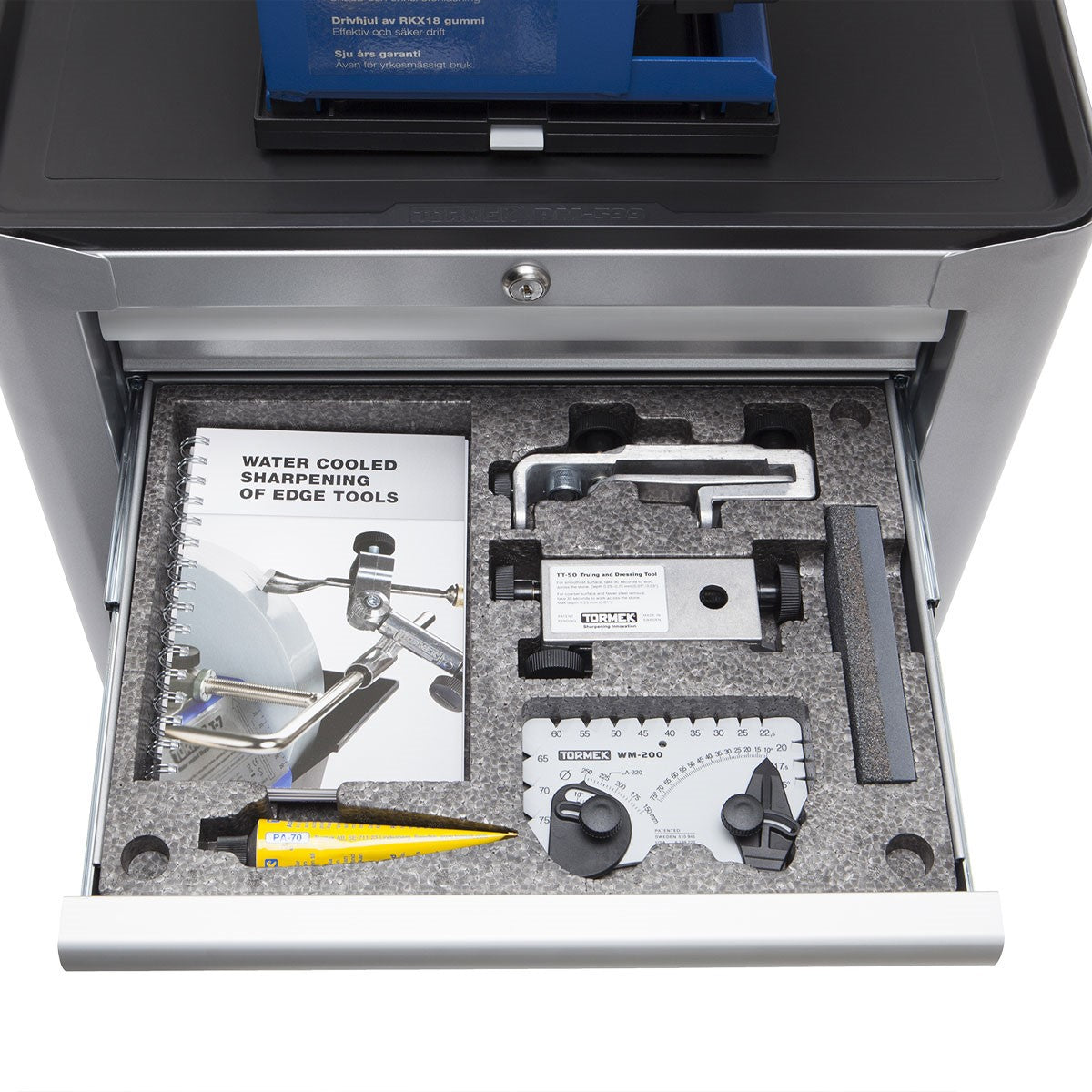 Tormek Sharpening Work Station Six Drawer from an angle showcasing its multiple drawers and sturdy construction