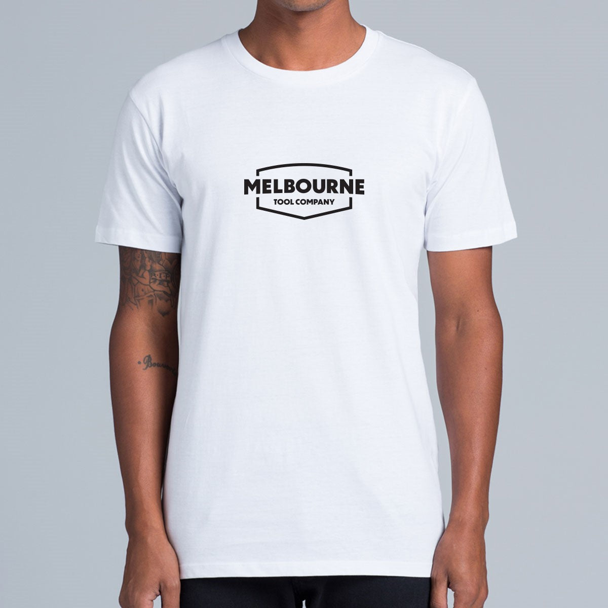 Melbourne Tool Company Snow White T-Shirt with Chevron Logo, screen printed in black, available in four sizes