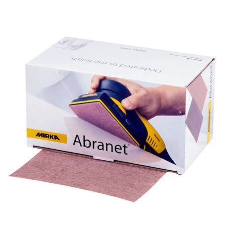 Mirka Abranet Sanding Sheet 81x133mm Pack of 50 in use on wood surface