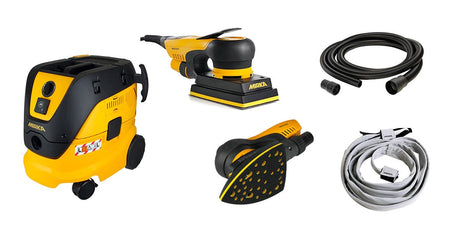 Mirka electric orbital sander and extractor kit in action on wood surface