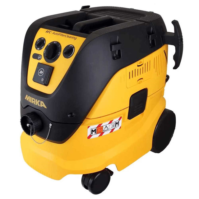 Mirka Dust Extractor 1230M AFC Vacuum M-Class woodworking tool in action, capturing dust efficiently