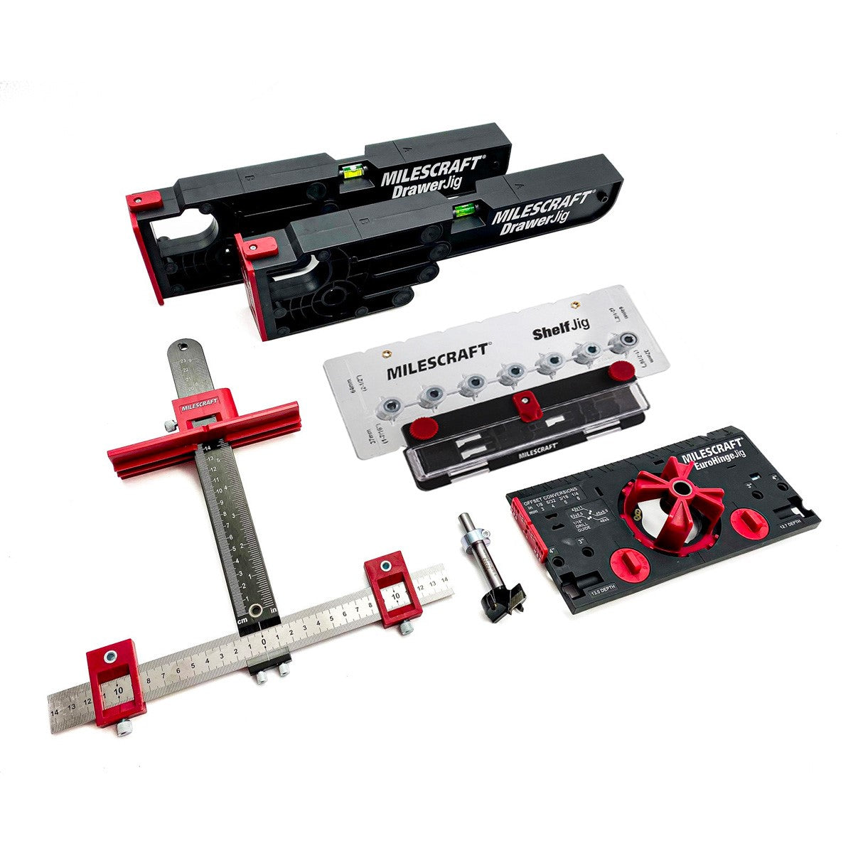 Milescraft Cabinet Makers Hardware and Hinge Jig Set with Upgraded Shelf Pin Jig in use