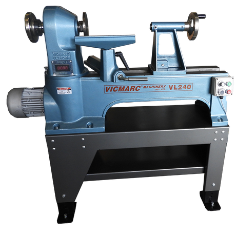 Vicmarc VL240 Wood Lathe with Adjustable Stand Mount 2HP EVS showing swivel head feature and pin-lock positions