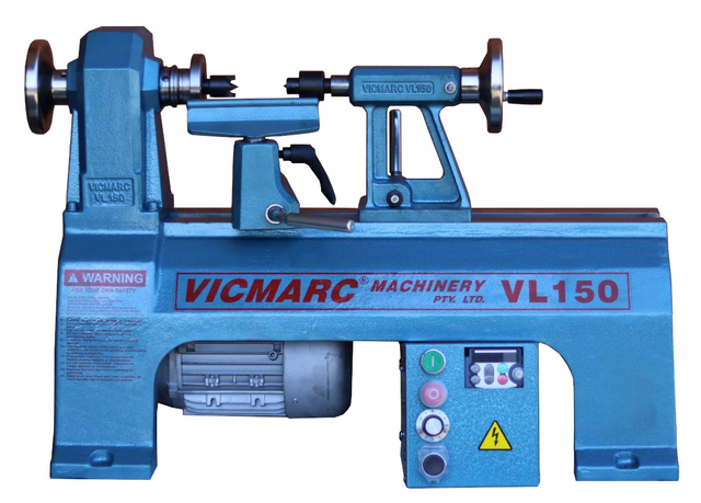 Vicmarc VL150 Midi Wood Lathe with Stand Mount 1HP EVS side view, showing sturdy cast iron construction