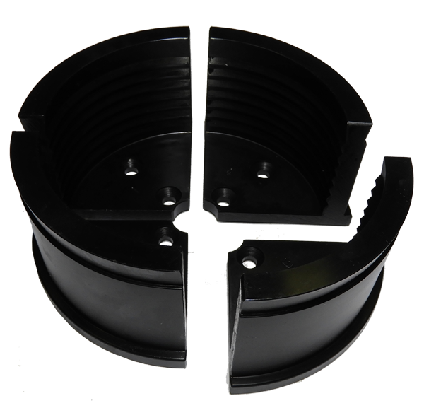 Vicmarc Shark Jaws for VM120/150 lathe chuck, showing serrated inner and outer surfaces for secure grip on cylinder spigots