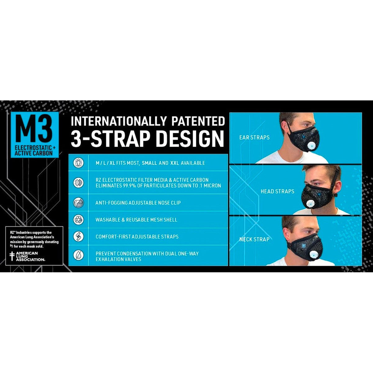 RZ Mask M3 Dust Face Mask in Black Multi-Strap for woodworking in hot dusty Australian workshops