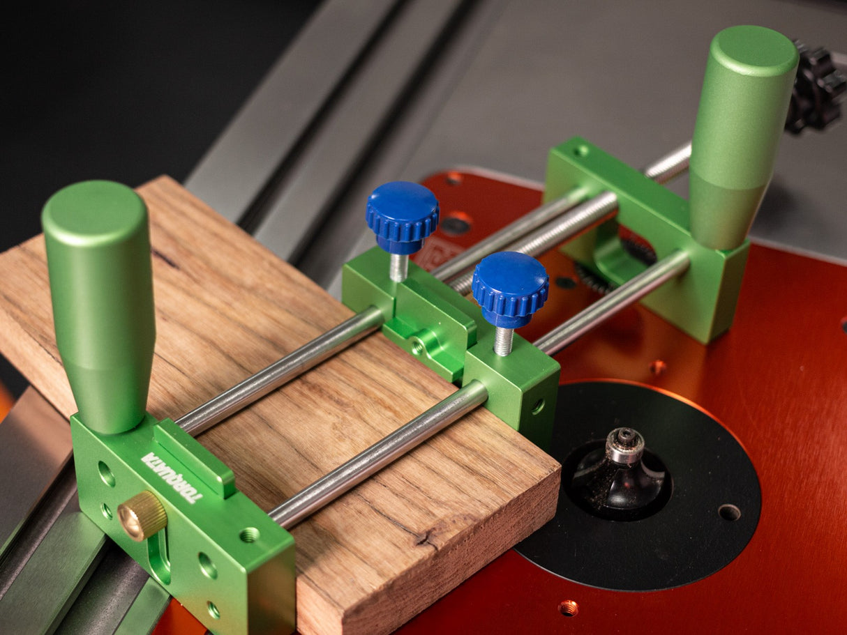 Torquata Small Workpiece Jig for Router Table Joinery, angled view showing safe and precise woodworking setup