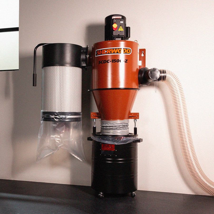 Sherwood 1.5HP Cyclone Dust Extractor SCDC-1500-Z in workshop setting, wall-mounted for two-stage dust collection