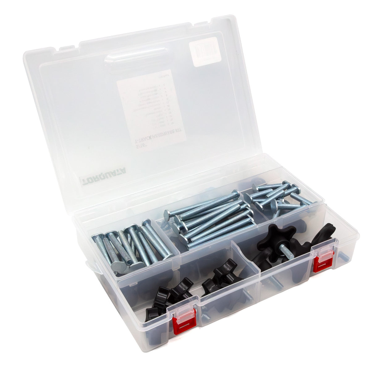 Torquata 118 Piece T-Track Hardware Kit in Carry Case, featuring knobs and bolts for woodworking setups
