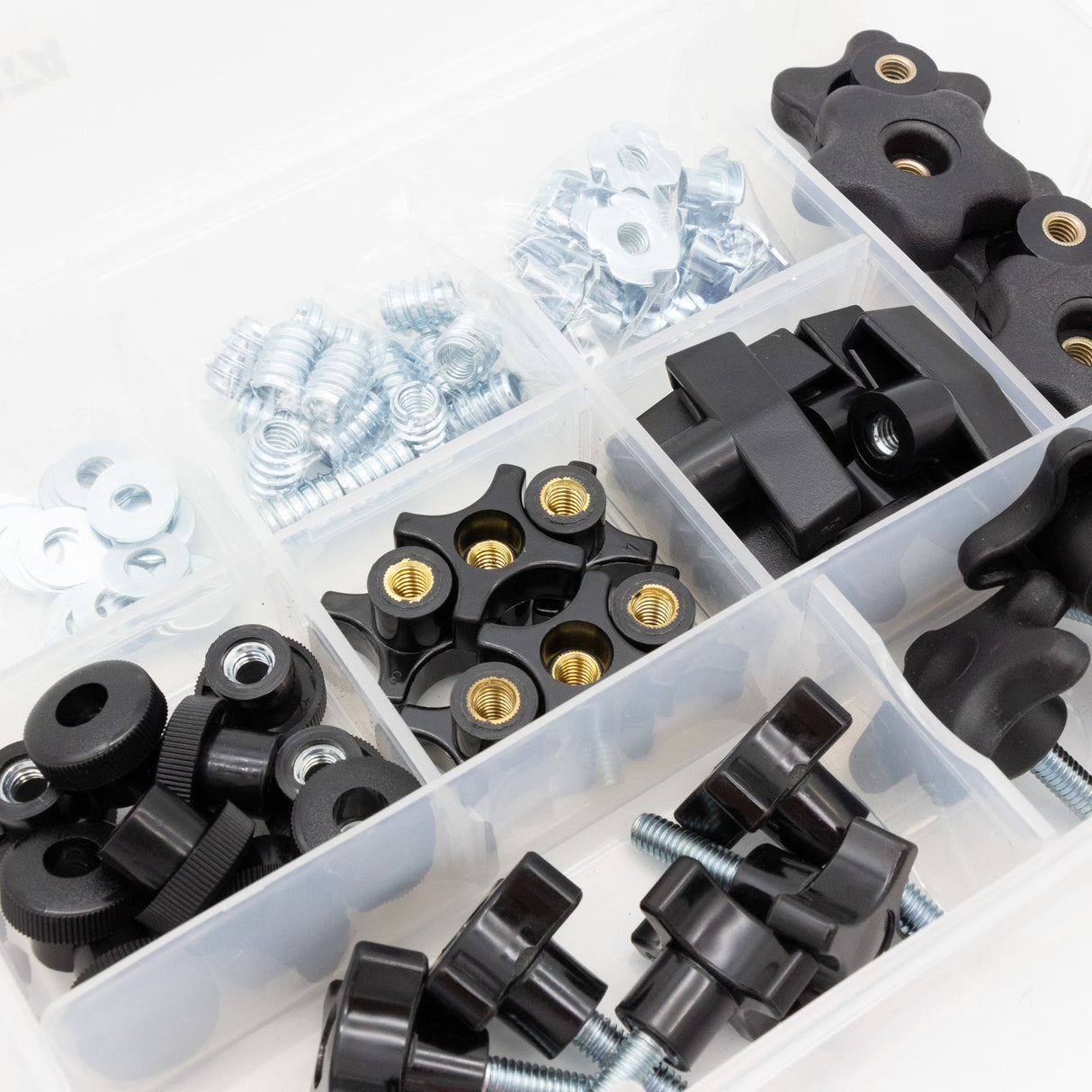 Torquata 118 Piece T-Track Hardware Variety Kit with Knobs & Bolts, neatly organized in carry case