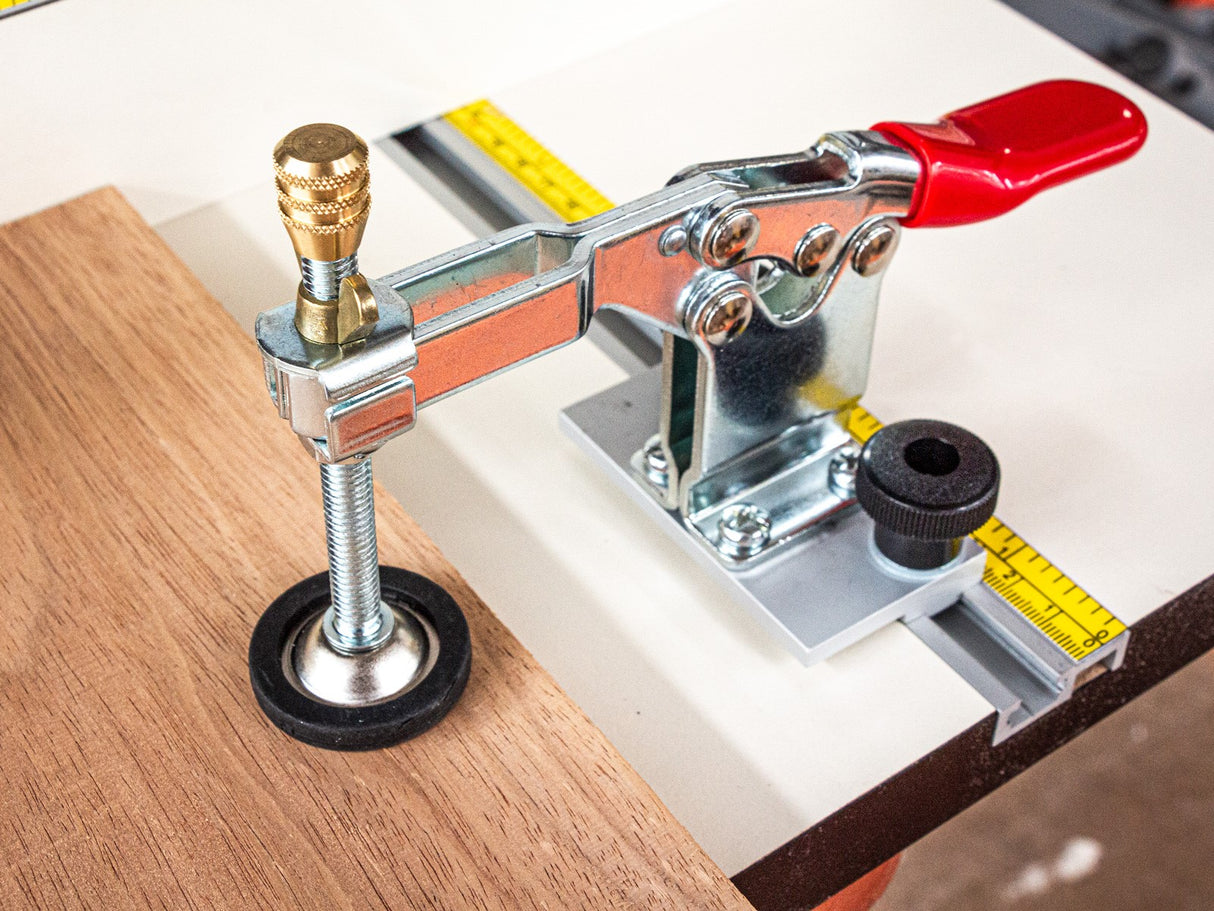 Torquata T-track Toggle Clamp Kit in use on woodworking project