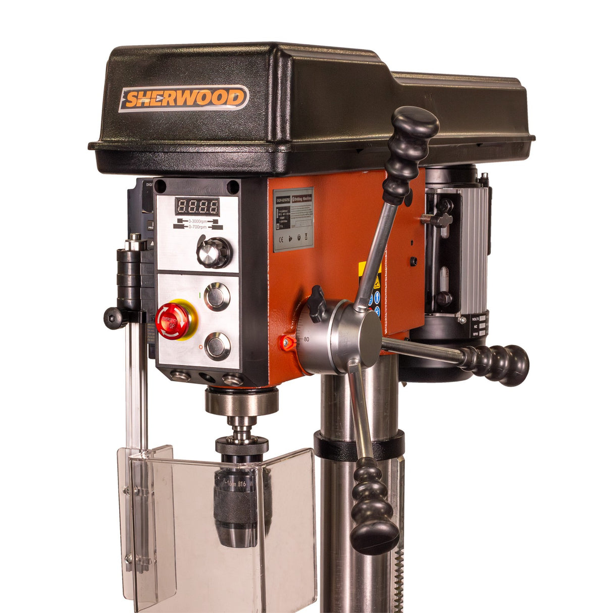 Sherwood 1100W EVS Pedestal Drill Press providing precise drilling control with electronic speed regulation