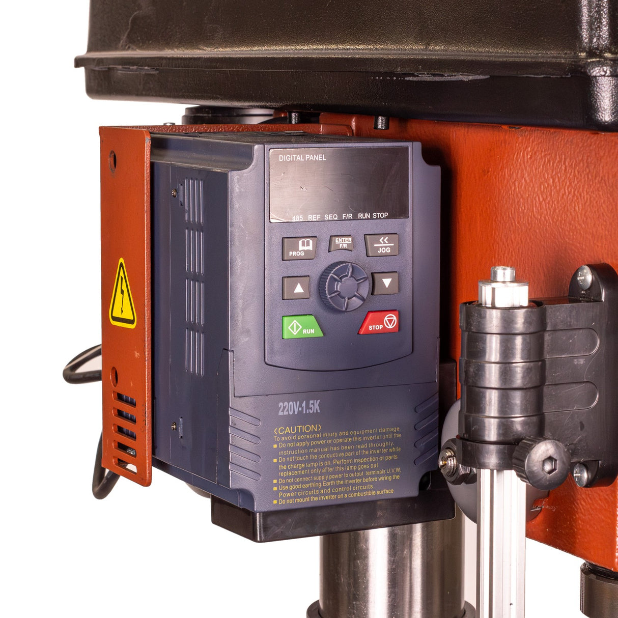 Sherwood EVS Pedestal Drill Press 1100W in action, showcasing precise drilling capabilities