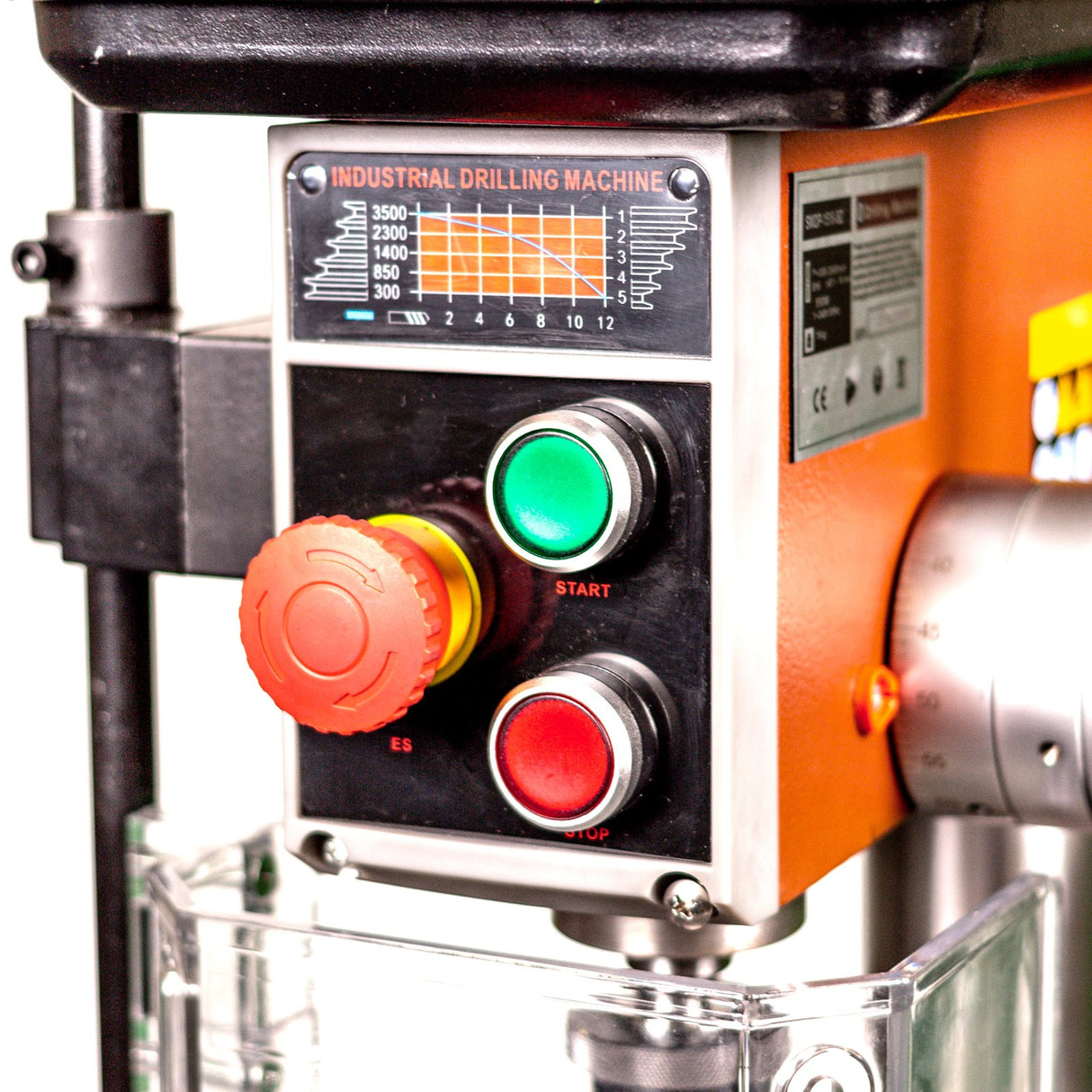 Sherwood Precision Benchtop Drill Press 550W in action drilling a metal workpiece