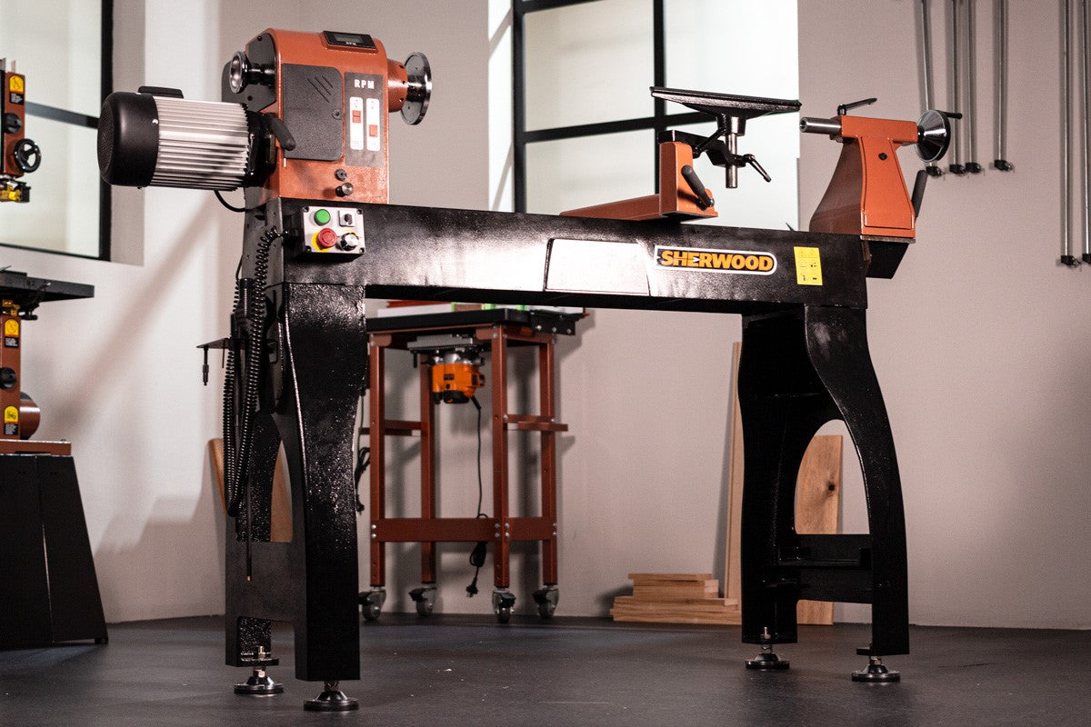 Sherwood Maxi Wood Lathe showcasing its powerful 2200W Variable Speed feature