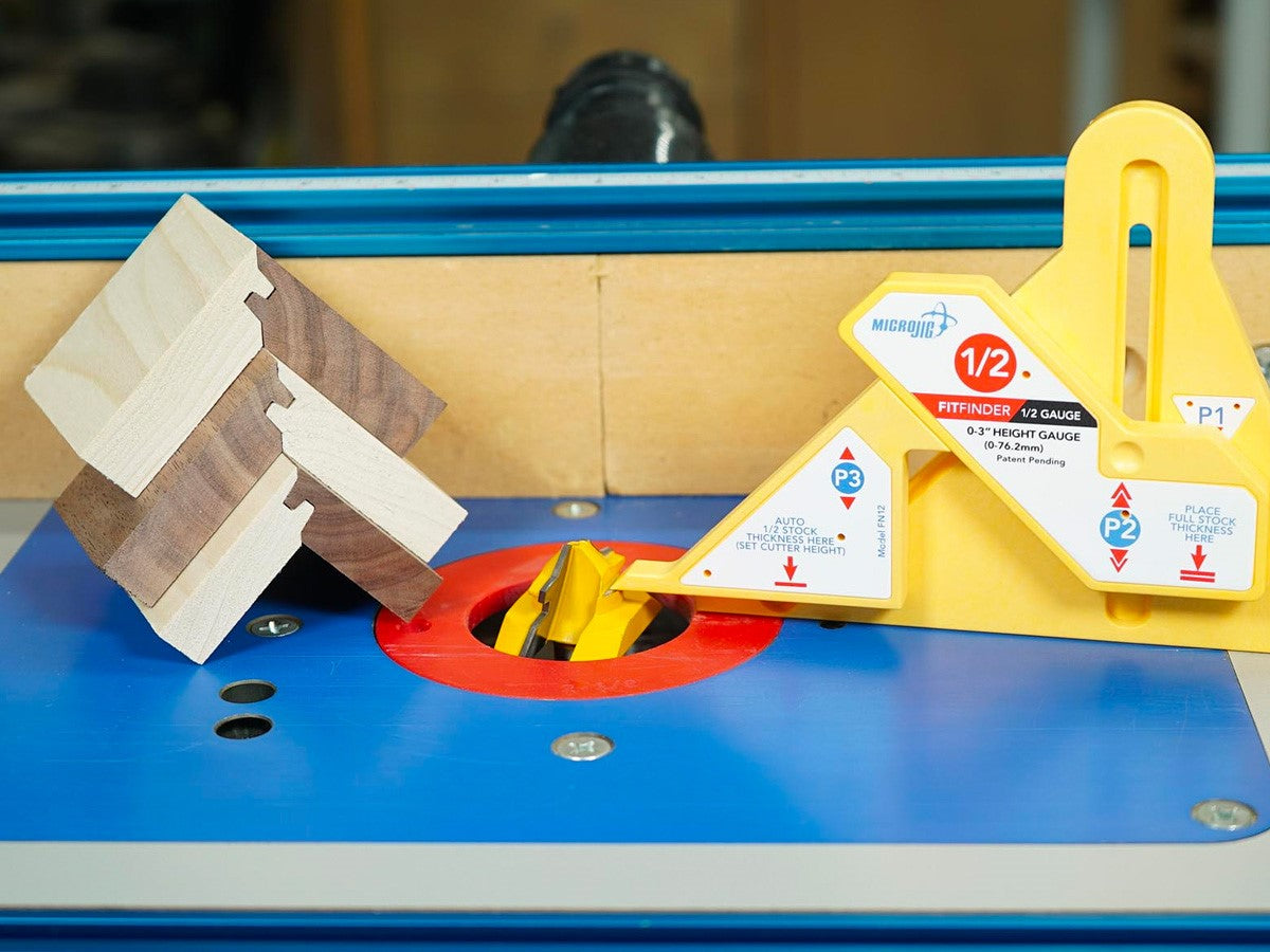 Micro Jig Lock Mitre Bit and FitFinder Jig Kit in action creating precise lock mitre joints