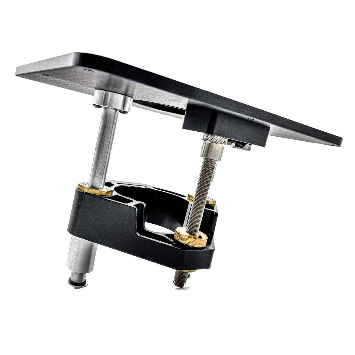 Sherwood Router Lift & Mounting Plate for 3.5in Round Body Router Motors in use on a woodworking table