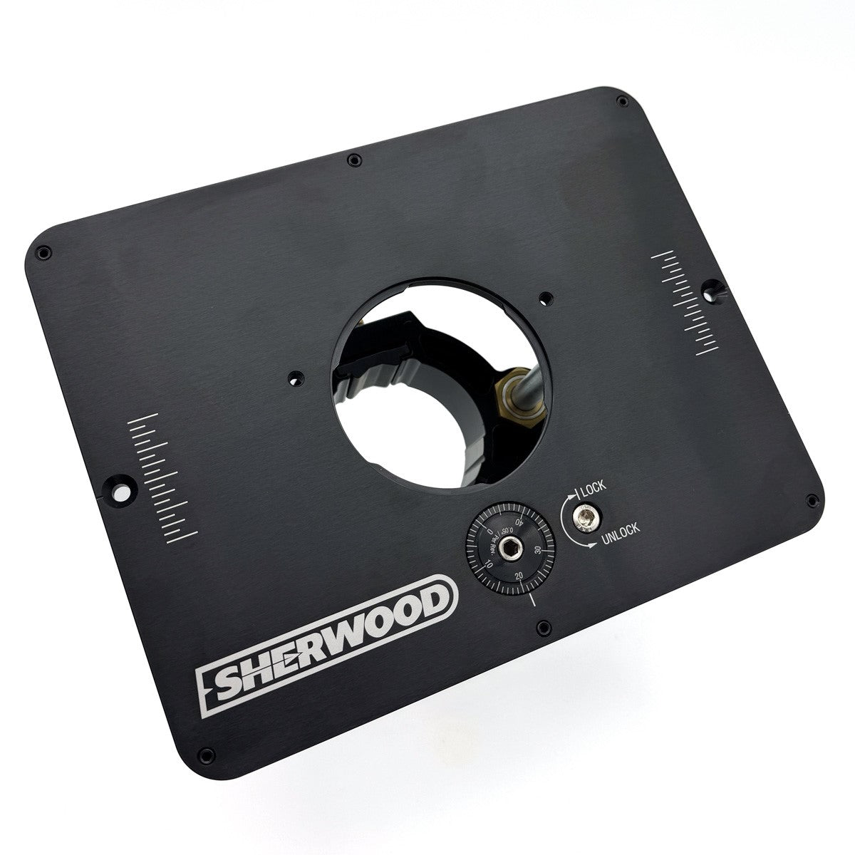 Sherwood RLIFT-6 Router Lift & Mounting Plate for 3.5in Round Body Router Motors on woodworking table