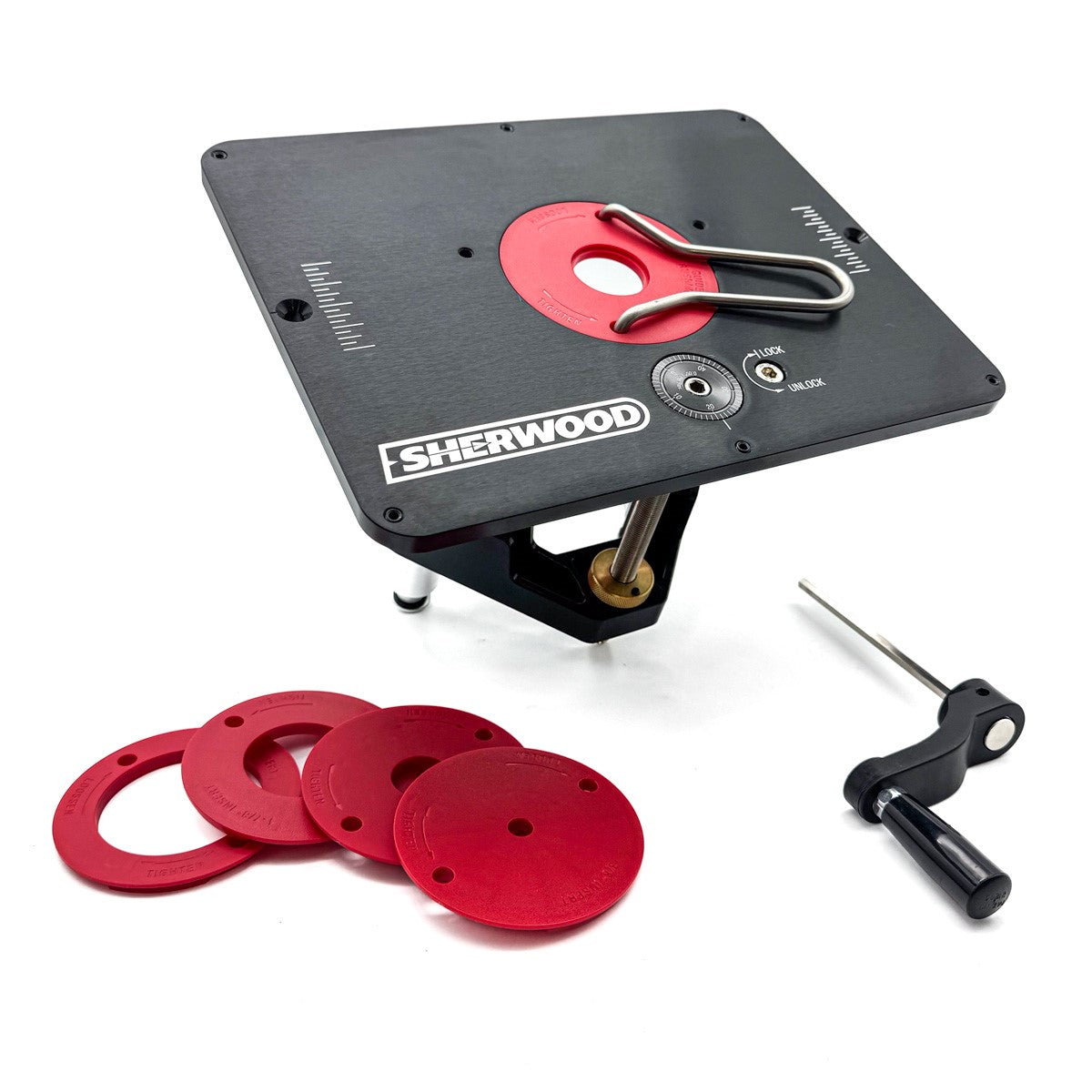 Sherwood Router Lift & Aluminium Mounting Plate for 3.5in Round Body Router Motors in use on router table