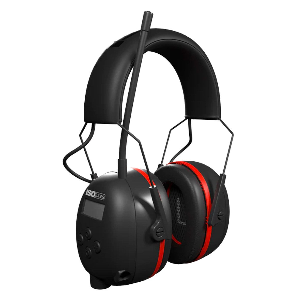 ISOtunes Air Defender Earmuffs with AM/FM Radio in Black/Safety Red - Side view showing adjustable headband and radio controls