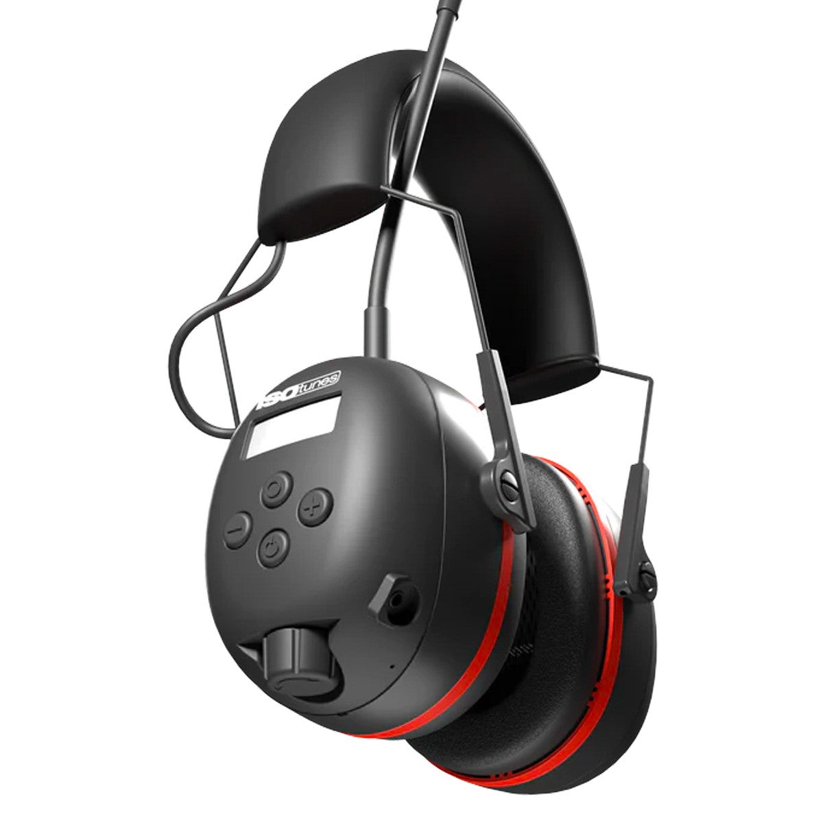 ISOtunes Air Defender Earmuffs with AM/FM Radio in Black/Safety Red, front view