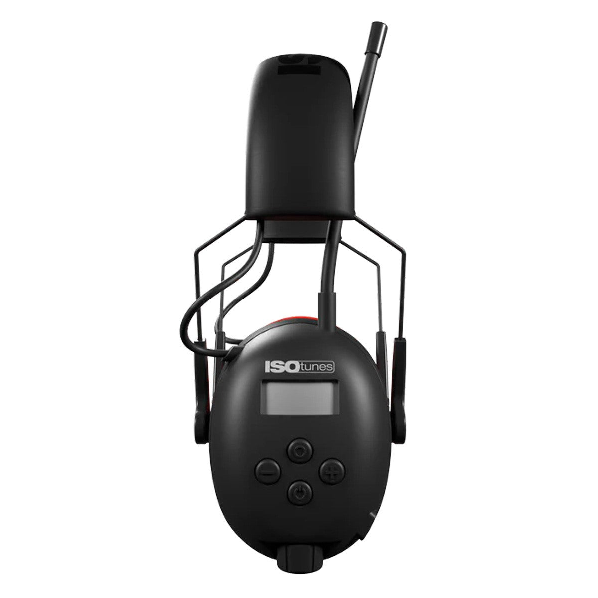 ISOtunes Air Defender Earmuffs with AM/FM Radio in Black/Safety Red - Close-up of memory function button and volume knob