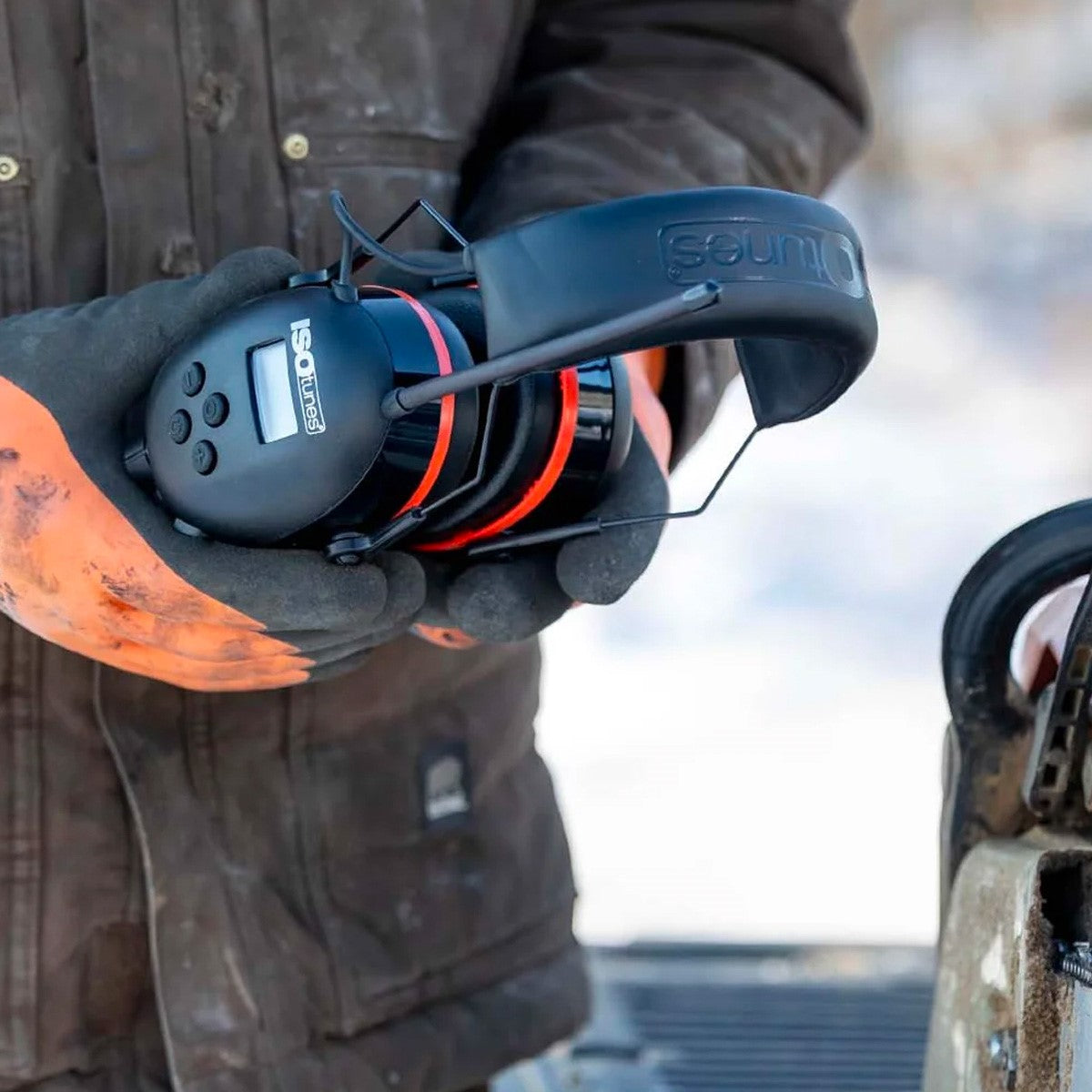 ISOtunes Air Defender Earmuffs AM/FM Radio in Black/Safety Red - Side view showing station-saving memory function