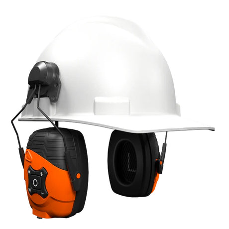 ISOtunes LINK 2.0 Bluetooth Helmet Mounted Earmuffs in Black/Orange for woodworking