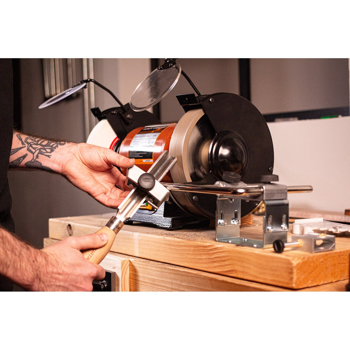 Tormek Bench Grinder Kit with accessories, side angle view