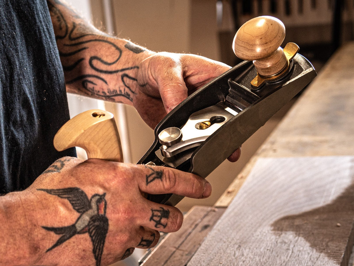Melbourne Tool Company Low Angle Smoothing Plane in use on wood surface