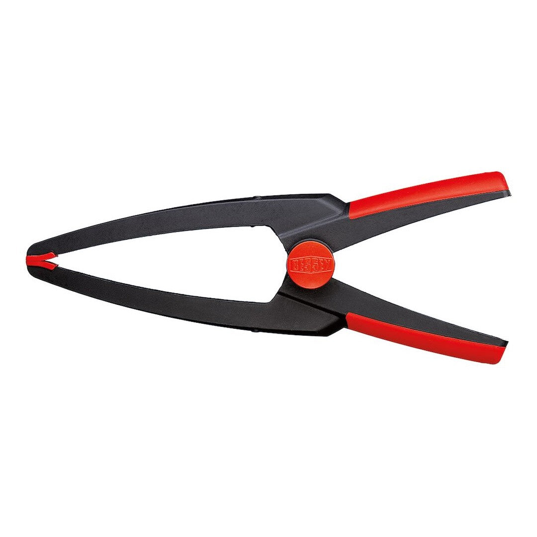 Bessey Needle Nose Spring Clamp 60mm Capacity in use on thin material, showcasing long narrow jaws and one-handed operation