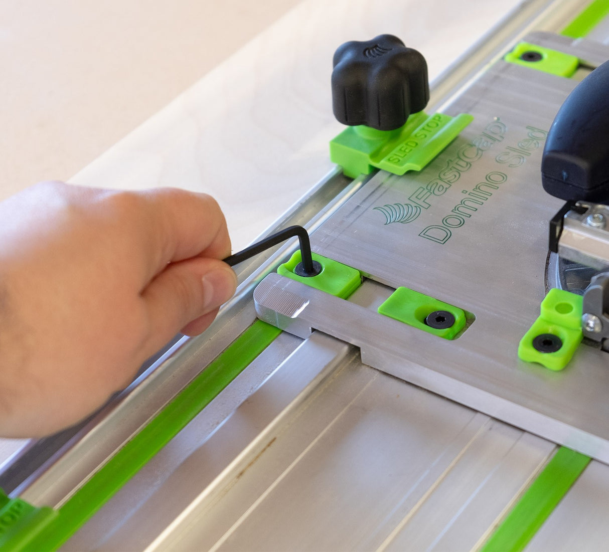 FastCap Festool Domino Sled attached to Festool DF 500 Q-set Domino Joiner for precise joinery hole cutting
