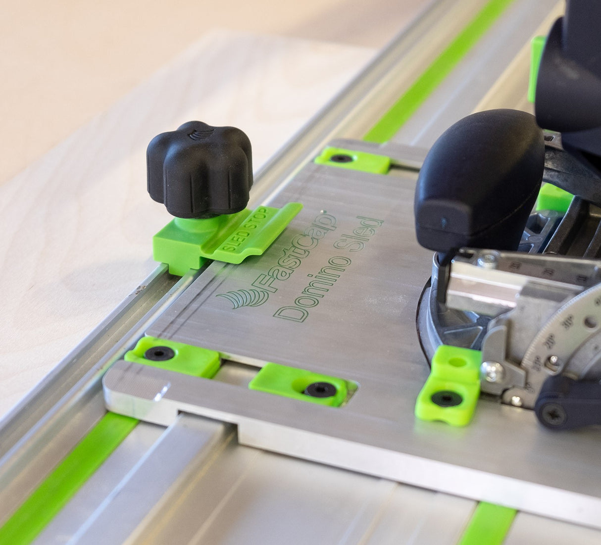 FastCap Festool Domino Sled attached to track guide with Slide Stops for precise joinery measurements