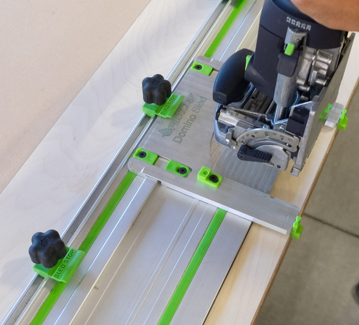 FastCap Festool Domino Sled attached to track guide for precise joinery hole cutting