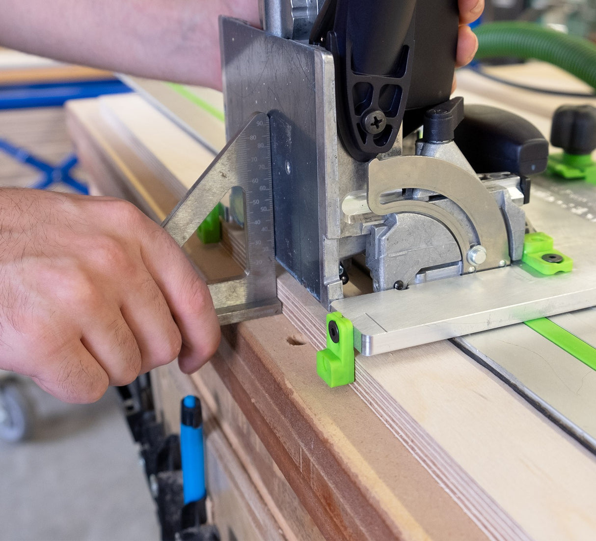 FastCap Festool Domino Sled in use with Festool DF 500 Q-set Joiner - precise and repeatable joinery hole cutting