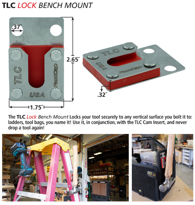 Securely bolt FastCap TLC Tool Lock Bench Mount to vertical surface, preventing tool drops